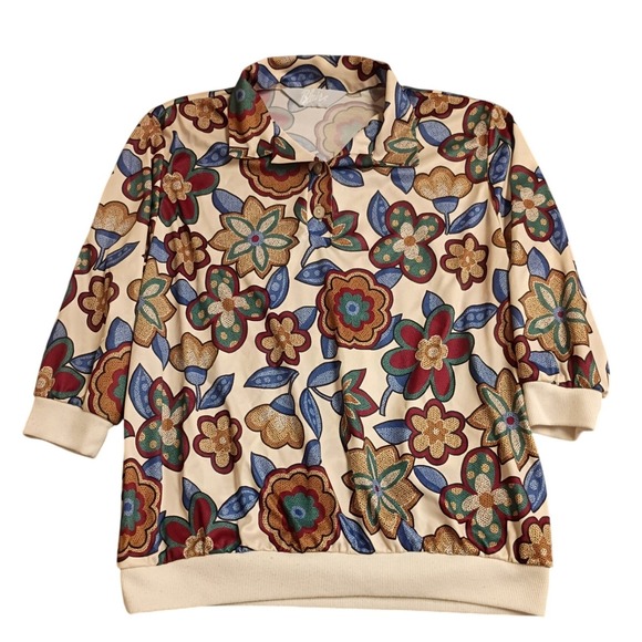 Blair Tops - Blair Floral Polo Top Womens XL Cream Multi 3/4 Sleeve Ribbed Hem Retro 2031